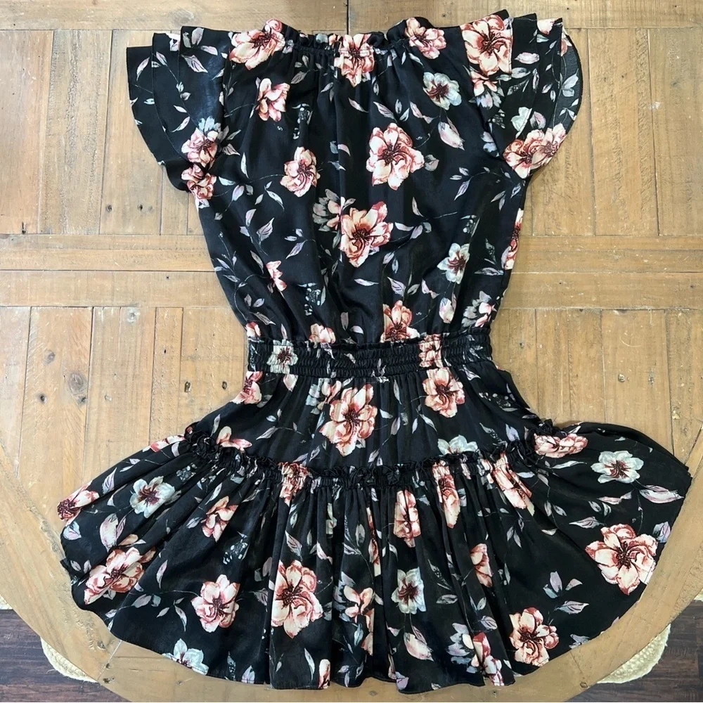 Misa Los Angeles Cecelia Black Floral Mini Dress Small Ruched V-neck Feminine